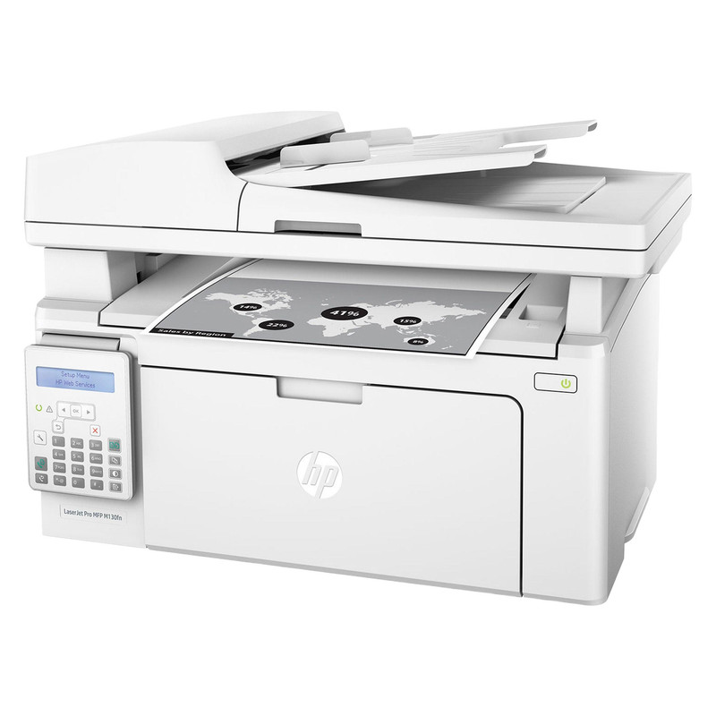 پرینتر اچ پی تک رنگ چهار کاره‌ با چاپ لیزری مدل LaserJet Pro MFP M130fn، سایز چاپ A4، دارای صفحه نمایش LCD استوک کارکرده